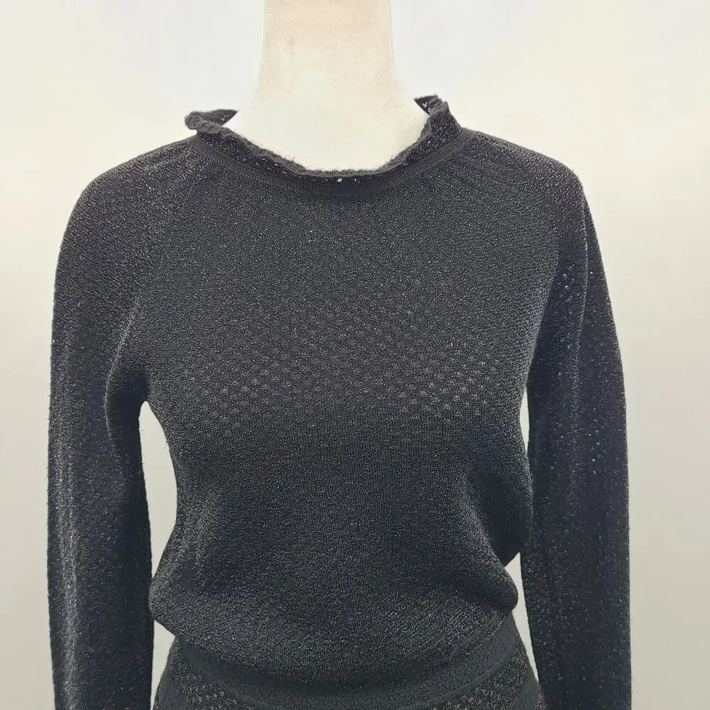 Tory Burch Black Isabelle Wool Knit Dress XS Sweater Semi Sheer Ruffle Neck‎